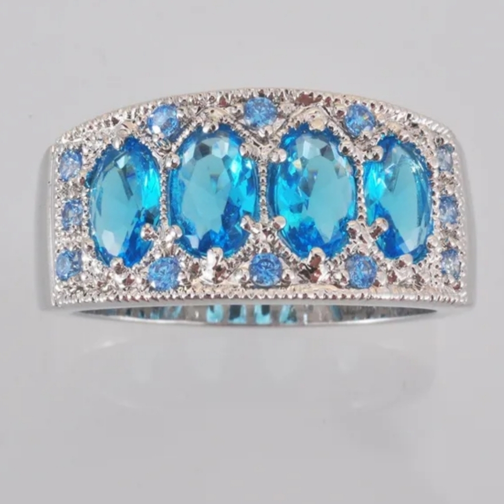 Elegant Blue Gemstone Silvery Chunky Ring Sz 8